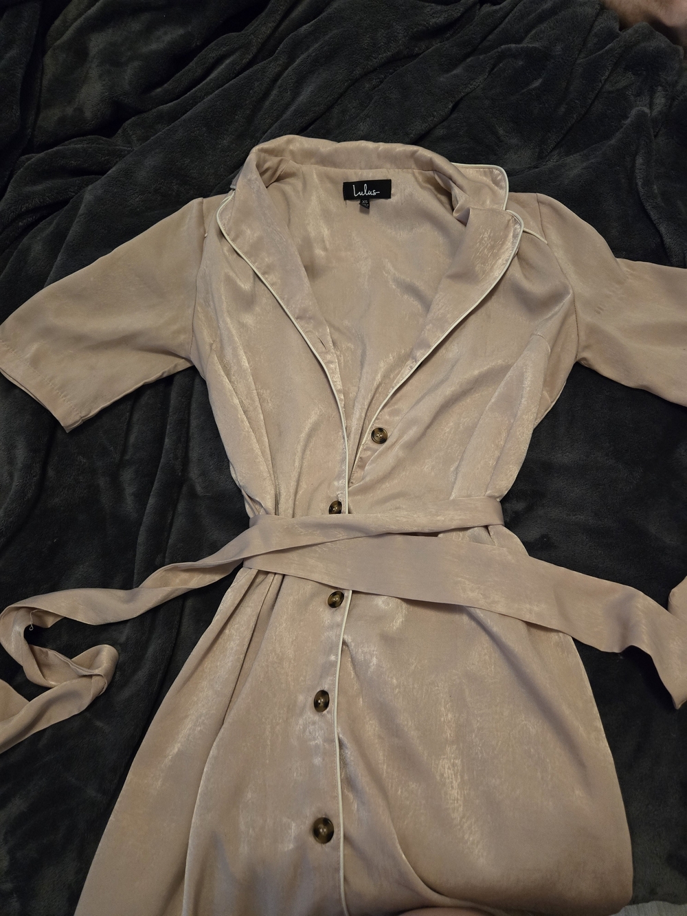 Lulu's Blush Beige Satin Button-Front Wrap Dress